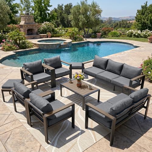 ADRERIC Patio Furniture Set 11 Seats and Coffee Table, 9 Pieces Patio Conversation Set with Thick Cushion, Ottomans, Deluxe Aluminum Modern Outside Sectional for Porch, Balcony, Deck, Yard, Dark Gray