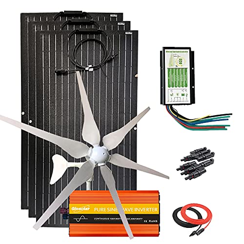 300W ETFE Flexible Solar Panel + 400W 12V Wind Turbine Generator + Hybrid Controller + 1000W Power Inverter DC 12V to AC 120V + Cable Connector (700W Solar Wind Hybrid System for RV)