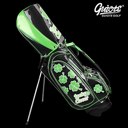 Guiote Golf Stand Bag Pu Leather Golf Carry Bag Embroidery Series 8-Ways 9.0" Black Lucky Clover