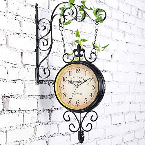 ERTTGWGF Outdoor Garden Hanging Clock Double Sided Round Wall Mounted Hanging Iron Clock Mute On Time for Home Living Room Bar - s Vintage