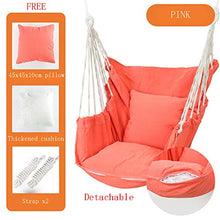 Hanging Hammock Chair Seat 2 Cushions Cotton Indoor Outdoor Portable Rope Relax Tassel Swing with Frame Stand for Living Room Bedroom Terrace Balcony Garden Pink (Black)