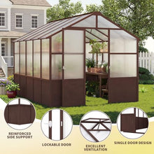 8x10 FT Wooden Greenhouse, Walk-in Polycarbonate Greenhouse with 6MM Panels, Adjustable Roof Vent, Lockable Door, Backyard Garden Green House for Outdoor Growing, Brown