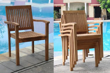 TeakStation 7 Seater Grade-A Teak Wood 8 Pc Dining Set: 72" Round Table and 7 Leveb Stacking Arm Chairs #TSDSLV61