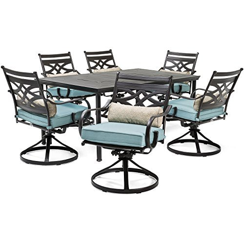 Hanover Montclair 7-Piece Outdoor Dining Set with 6 Swivel Rockers and Blue Cushions
