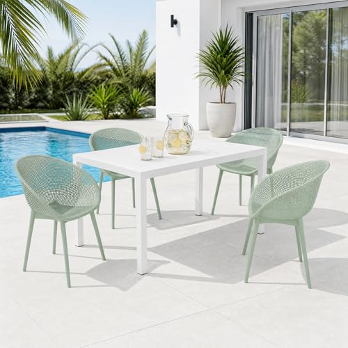 Trygoal 5-Piece Indoor/Outdoor Bistro Set, Weatherproof Patio Furniture Set with Rectangular Slatted Table & 4 Mesh Chairs, Modern Lounge Chairs with Non-Slip Feet for Balcony, Backyard, Pale Green