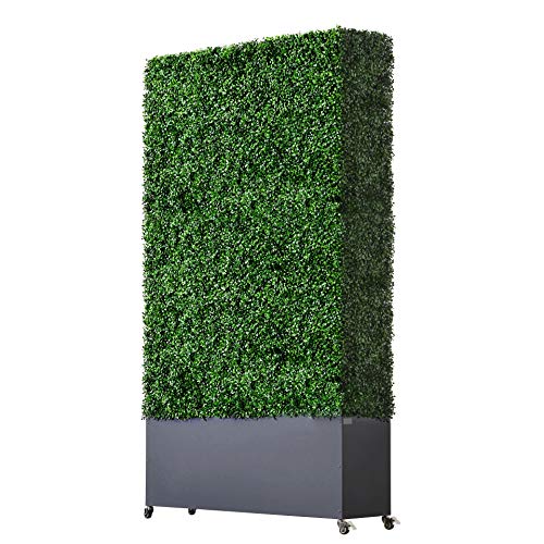AGPL Artificial Hedge Wall with Dark Gray Color Stainless Steel Planter Box and Caster. Moveable Privacy Decorative Wall 48" W x12“D x 82“H …
