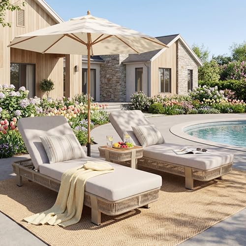 Merax 3-Piece Outdoor Chaise Lounge Set with Side Table, 400 lbs Each Chaise, 2 Recliners with 2 Beige Cushions for Patio Poolside, Beige