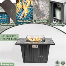 42" Propane Gas Fire Pit Table 50000 BTU Rectangular Outdoor Fire Pit with Marble Tile Tabletop Glass Wind Guard, Steel Patio Fire Table & Lid, Blue Glass Beads & Rain Cover for Backyard Garden, Gray