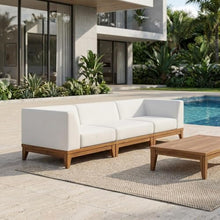 Outdoor Escape White Fabric Patio Modular Sofa, Acacia Wood Finish, Comfortable Seat, Durable Frame, Outdoor Living Space