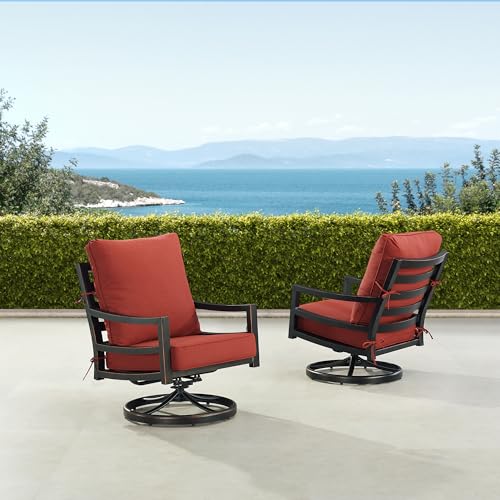 Oakland Living Pair of Black Aluminum Patio Deep Seating Swivel Rocker Club Chairs with Red Cushions