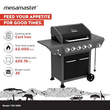Megamaster Propane 5-Burner Gas Grill, Side Table wiht Warming Rack & Hook