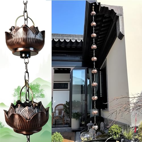 YUSIWOAL Bronze Rain Chain Kit Copper Plated Aluminum Lotus Cups Decorative Downspout with S Hook Easy Install for Garden Patio Porch(5m (16.4ft))