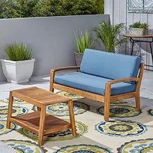 Great Deal Furniture GDFStudio Outdoor Teak Finished Acacia Wood Loveseat and Coffee Table Set with Blue Water Resistant Cushions