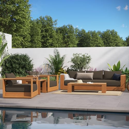 Modway Tahoe Acacia Wood 5-Piece Outdoor Patio Furniture Set in Natural Cocoa - Includes Lounge Chair and Sofa with Weather-Resistant Cushions, Plus Coffee Table