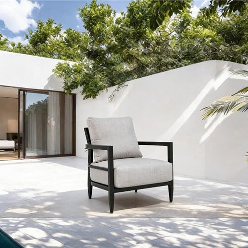 Modern Outdoor Fully Weld Lounge Chair–Premium Aluminum Frame in Ember Black,Ergonomic Backrest,Post Tapered Legs & Sunbrella Cast Silver Cushion, Weather-Resistant & Durable Patio Lounge Chair