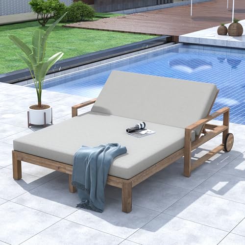 Merax Acacia Wood Outdoor Daybed Sofa, Farmhouse Patio Sun Lounger with Adjustable Backrest, High-Density Cushions & Removable Wheels, Weather Resistant for Garden, Poolside, Backyard, Grey