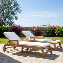 Merax 2-Pieces Retro Acacia Wood Outdoor Chaise Lounge with Wheels & 3-Position Adjustable Backrest, Vintage Wicker Sun Lounger with Plush Removable Cushion for Patio, Garden & Poolside, Acacia Wood