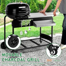 Portable Charcoal Grill with Cart Slide-Out Ash Catcher 21'' BBQ Grill with Porcelain Enamel Lid Thermometer and Wheels Small Charcoal Grills for Outdoor Backyard Camping Iron Black
