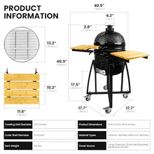 London Sunshine 15-inch Ceramic Kamado Charcoal BBQ Grill & Smoker with Locking Casters, Foldable Side Shelves, Stainless Steel Grates, and Tall Stand (Black)