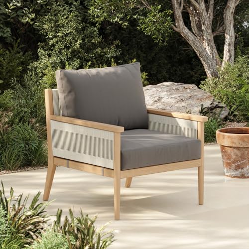 Nathan James Kayden Acacia Wood Patio Chair, Bohemian Outdoor Chair, Lounge Wooden Armchair with Rope Accent, Medium Gray/Raw Oak