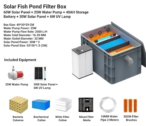 Pond Filter Box System with Submersible Pump and UV Lamp, Multi-Stage Bio Filtration with Bottom Drainage, Industrial-Grade PP Construction for Outdoor Garden Fish Ponds，Solar with Battery - 4m³