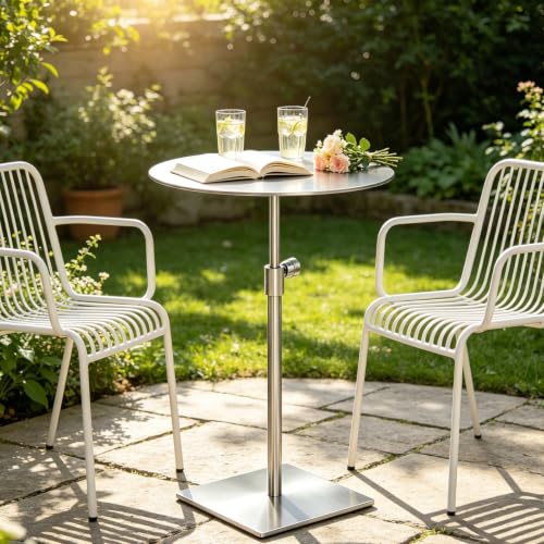 Yopappol Weatherproof Adjustable Height Patio Table, Full Stainless Steel Round Bistro Side Table, Space Saving Outdoor Cocktail Tables for Garden Cafe, Easy to Assemble(Top 35cm)