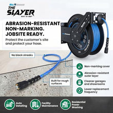 Blu Shield The Slayer Hybrid Pressure Washer Hose Reel, 1/4 in x 100 ft, 3500 PSI, Kink-Resistant, Hot/Cold Water, Brass M22 Fittings, Blue