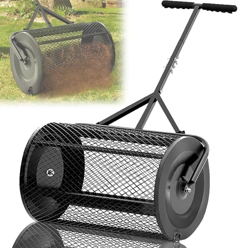MiBoce Peat Moss Spreader, Garden Spreader Roller, Compost Spreader with Extendable T Shaped Handle & Side Latches, for Lawn and Garden Care