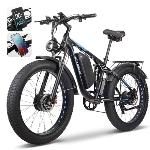 E·Bycco Dual 1000W Motors 2000W Electric Bike for Adults, 35MPH 48V 23Ah Battery Electric Bicycle, Full Suspension 26"*4.0 Fat Tire Hydraulic Disc Brake, Beach Off-Road Mountain E-Bike for Men EB7Pro Blue/2000W/Dual Motor