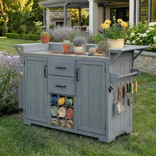 Merax 60.2''W Outdoor Kitchen Island with Wheels, Rolling Patio BBQ Kitchen Cart with Stainless Steel Top, Wood Grill Cart with Spice Rack&Wine Rack,2 Drawers,Gray