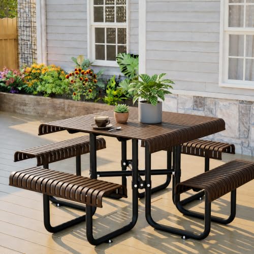 Metal Picnic Table,8-Person Outdoor Picnic Table with Benches Umbrella Hole
