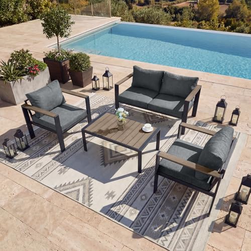 SAILARY Outdoor Patio Furniture Set 4 Seats Luxury Aluminum Patio Conversation Set with Coffee Table, Washable Thick Cushions, Large Sectional Sofa for Porch, Balcony, Deck, Yard, Gray