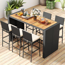SPORFIT 7 Piece Patio Wicker Bar Set, Rattan Bar Stools Set for Bistro with Acacia Wood Tabletop & Seat Cushions, Outdoor High Top Table and Chairs for Backyard Garden Porch Poolside (73 Inch)