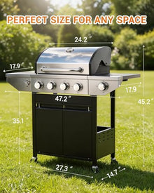 EUHOME 4-Burner Propane Gas BBQ Grill with Side Burner, 46,500 BTU Stainless Steel Outdoor BBQ with Enameled Cast Iron Grates & Side Tables for Patio, Backyard, and Outdoor Cooking