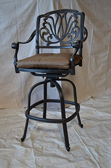 Elizabeth Outdoor Patio 3 Swivel Barstools 30" H Dark Bronze, Cast Aluminum (Walnut Cushions)