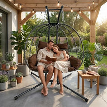 Double Hanging Egg Chair with Stand, 2-Person Large Patio Hammock Swing Chair with Thick Brown Cushions and Headrest Pillows, All-Weather PE Rattan Loveseat for Indoor Outdoor Balcony and Garden