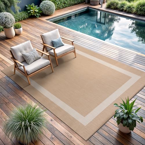 CAMILSON Outdoor Rug 10x14, Large Modern Outside Rugs for Patios Porches Waterproof Durable Washable Non-Shedding, Easy-to-Clean Indoor/Outdoor Area Carpet (10 x 14, Bordered - Beige/White)