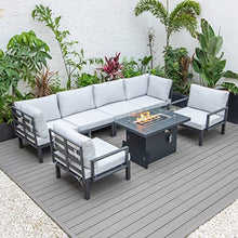 LeisureMod Hamilton Modern 7-Piece Modular Outdoor Sectional Set with Fire Pit Table Light Grey