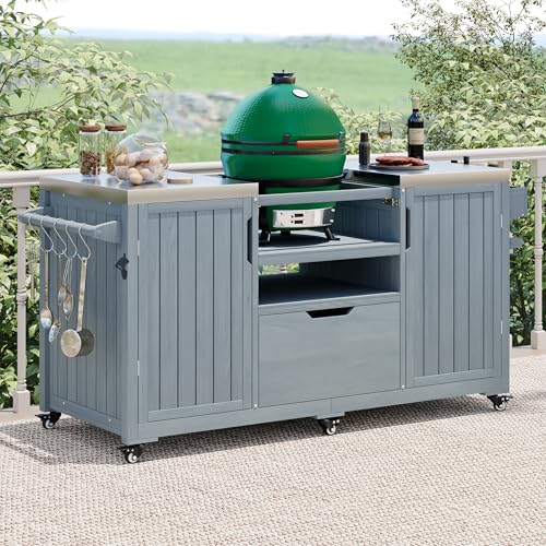 HUTNWULO 66.5" Outdoor Kitchen Island for Big Green Egg Grills, Outdoor Grill Cart with Stainless Steel Top, Drawer, Compatible with Large Big Green Egg, Grey