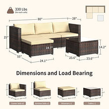 Qsun 5-Piece Patio Furniture Set Outdoor Couch with Glass Coffee Table and Two Pillows, Outdoor Sectional Conversation Set (Brown Rattan, Beige Cushion)