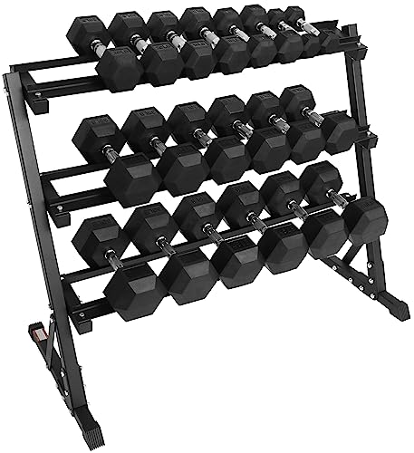 Signature Fitness 550LB Rubber Coated Hex Dumbbell Weight Set with 3-Tier Storage Rack Black