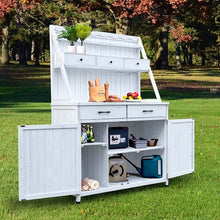 GDFStudio Farmhouse Outdoor Storage Bench Table with Cabinet, Fir Wood Potting Bench Plant Bench, Large Garden Storage Work Bench with Drawers Removable Shelf for Backyard Patio Greenhouse, White