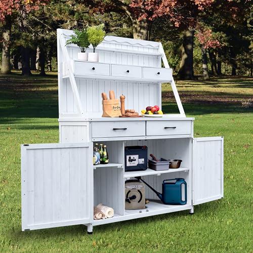 GDFStudio Farmhouse Outdoor Storage Bench Table with Cabinet, Fir Wood Potting Bench Plant Bench, Large Garden Storage Work Bench with Drawers Removable Shelf for Backyard Patio Greenhouse, White