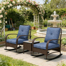 Hassyee 3 Pieces PE Rattan Bistro Set with 2 Rocking Chairs and 1 Coffee Table for Poolside, Lawn, Outdoor Furniture Set with Soft Cushions and Elegant Design Backrests for Balcony (Brown)