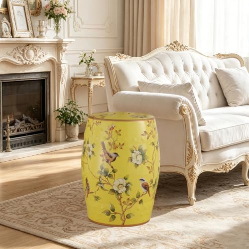 Labasuan Yellow Ceramic Garden Stool, Round Decorative Side Table with Floral Bird Design, Hand-Painted, Waterproof Durable Plant Stand & Extra Seating, for Indoor Outdoor Patio, Living Room
