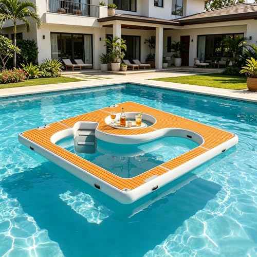 Inflatable Yacht Pool 13x13ft, Thick PVC Floating Swimming Pool with Non-Slip EVA Surface, Inflatable Floating Dock for Yacht/Boat/Sea/Lake Water Activities