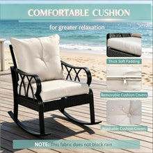 Hassyee Stylish Patio Rocking Chair w/Back & Seat Cushions for Garden, Modern Porch Rocker w/Black Aluminum Frame & PE Rattan Accents for Backyard, Outdoor Rocking Armchair w/High Back for Deck