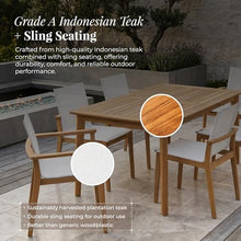POVL Outdoor Menlo 7-Piece Teak Hardwood Patio Dining Set for 6 — 63" x 35.5” Compact Rectangular Grade A Teak Table, 2 Stacking Armchairs & 4 Stacking Side Chairs - for Small Patios & Decks (White)