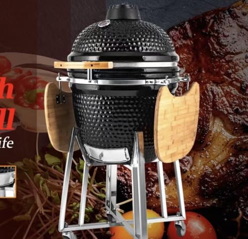 JOSOGO 21 Inch Ceramic Charcoal Smoker BBQ Grill, Outdoor Round Ceramic Grill for Backyard Patio Home Party Cooking(Black)