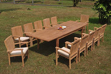 WholesaleTeak 12 Seats 13 Pcs Grade-A Teak Wood Dining Set: 122" Atnas Double Extension Rectangle Table and 12 Wave Stacking Arm Chairs #WHDSWV